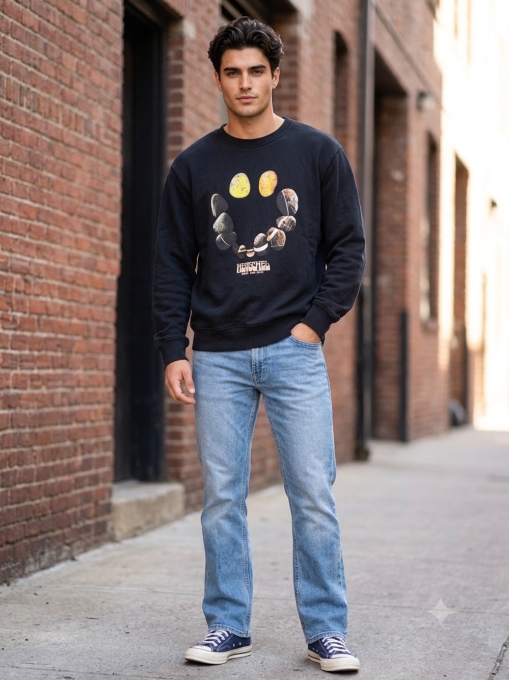 Herschel Black Graphic Crewneck Sweatshirt with Smiley Stone Print